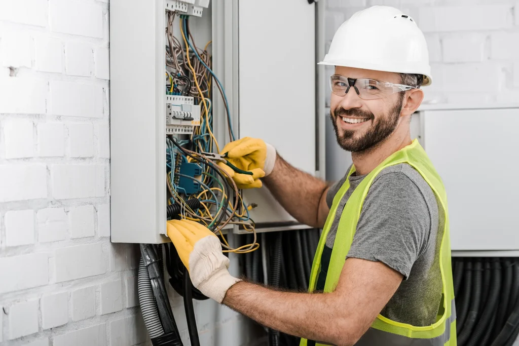 Commercial electrician checking breaker panel